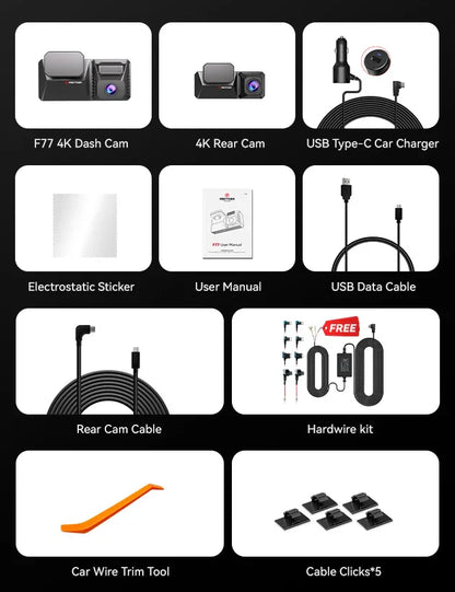 REDTIGER F77 Dashcam – Front and Rear 4K+4K HDR, Sony STARVIS 2 Super Night Vision, Voice Control, 5.8GHz WiFi Dual Dash Cam
