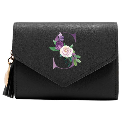 Women's RFID Leather Wallet - Compact Luxury Mini Purse With ID Window, Purple Letter Pattern & Card Holder Design