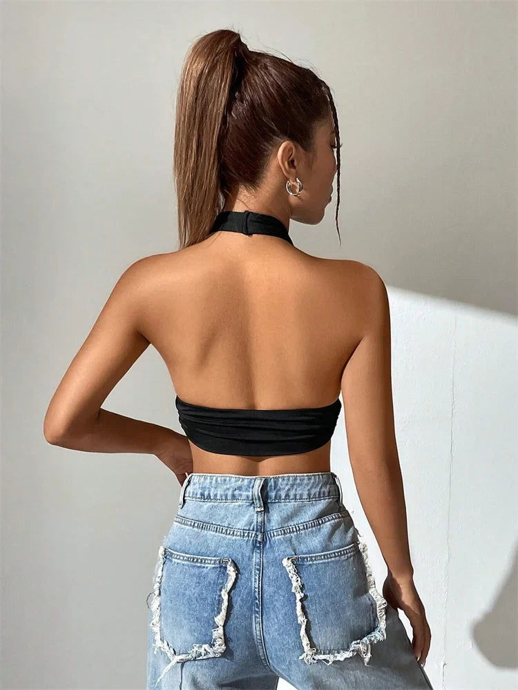 Women’s Sleeveless Halter Crop Top – Backless Deep V-Neck Solid Color Summer Streetwear Y2K Fashion Top 2024