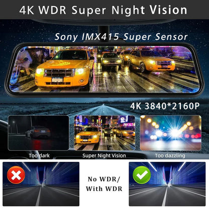 10" 4K Dash Cam Car DVR – 3840x2160P, CarPlay, Android Auto, GPS, 5G WiFi, AUX, Rearview Mirror Dash Camera, FM Recorder