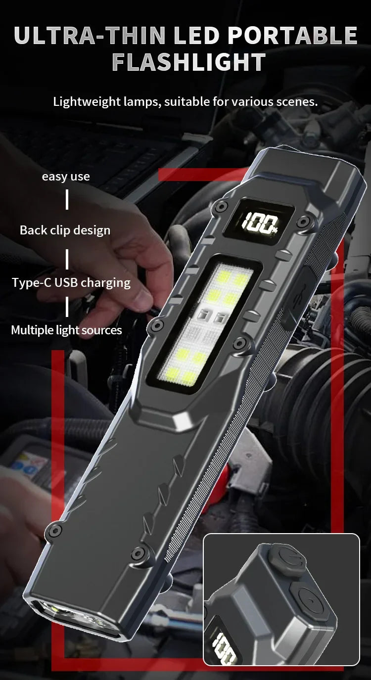 Tactical Triple-Light LED Flashlight – Ultra-Thin Aluminum Alloy EDC Rechargeable COB Work Light