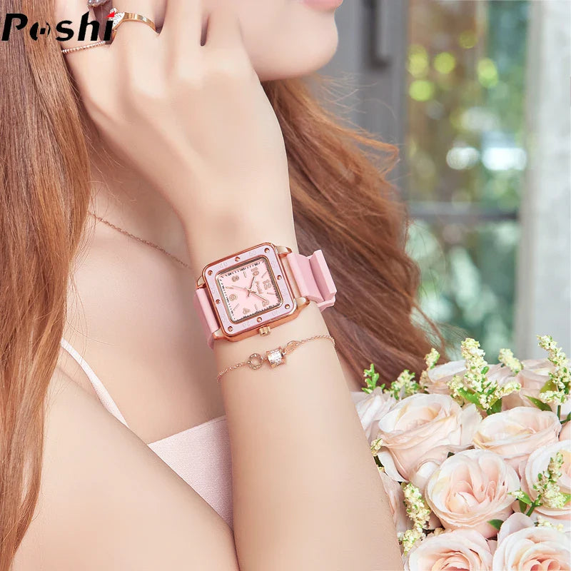 POSHI Women's Fashion Quartz Watch - Casual Wristwatch with Silicone Strap, Green Dial, Business Montre Femme