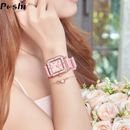 POSHI Women's Fashion Quartz Watch - Casual Wristwatch with Silicone Strap, Green Dial, Business Montre Femme