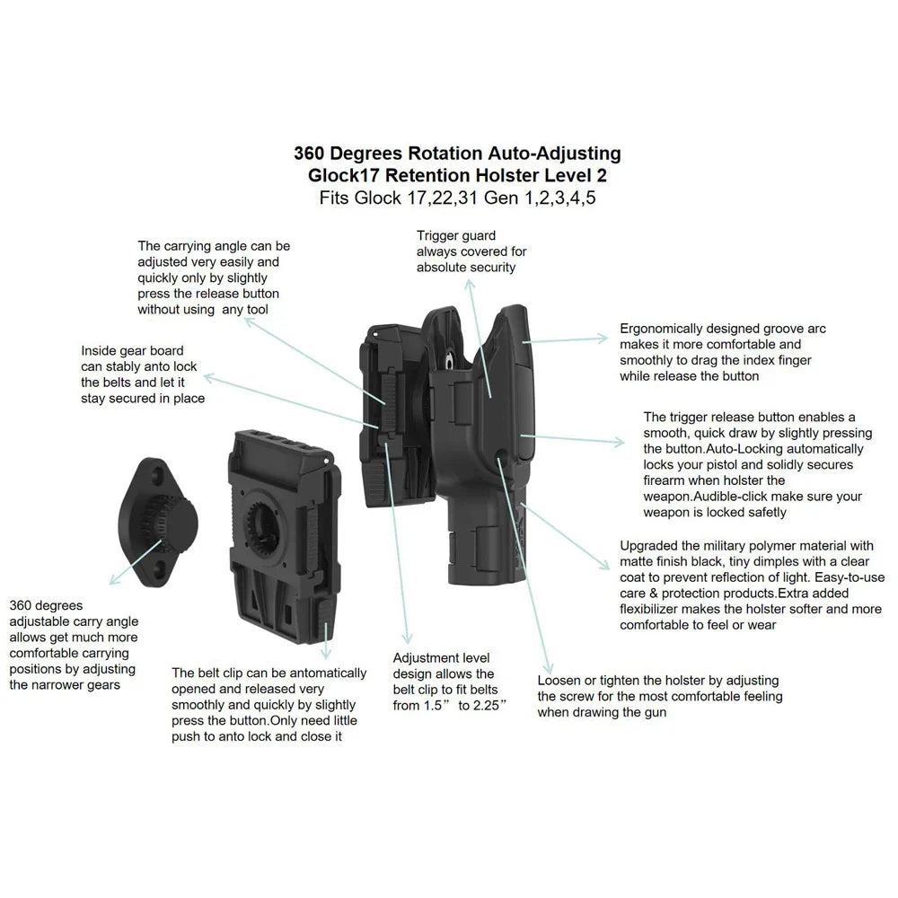 360° Rotating Tactical Holster - Universal Pistol Holder for Sig P320 SP2022 P226 Beretta PX4 Glock 17 19 23