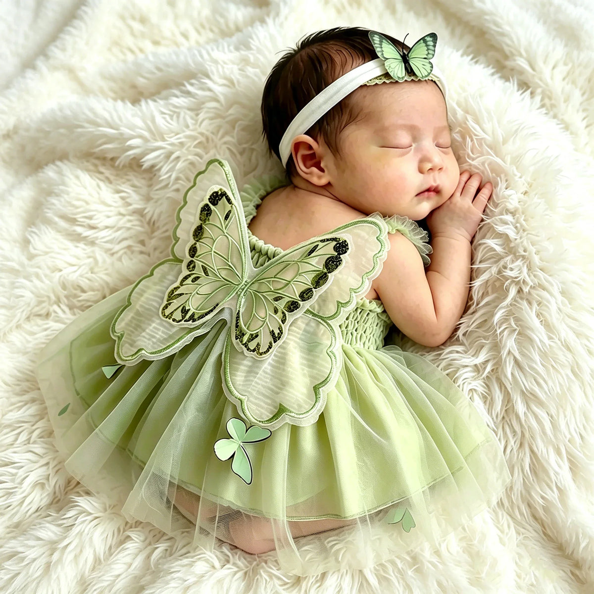 Newborn Girl Butterfly Wing Mesh Dress - Photography Outfit with Headband
