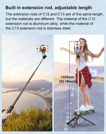 AXNEN Mobile Phone Tripod C12/C13 – 1325mm Stand for Cellphone & GoPro, with Wireless Bluetooth Remote for Live Streaming