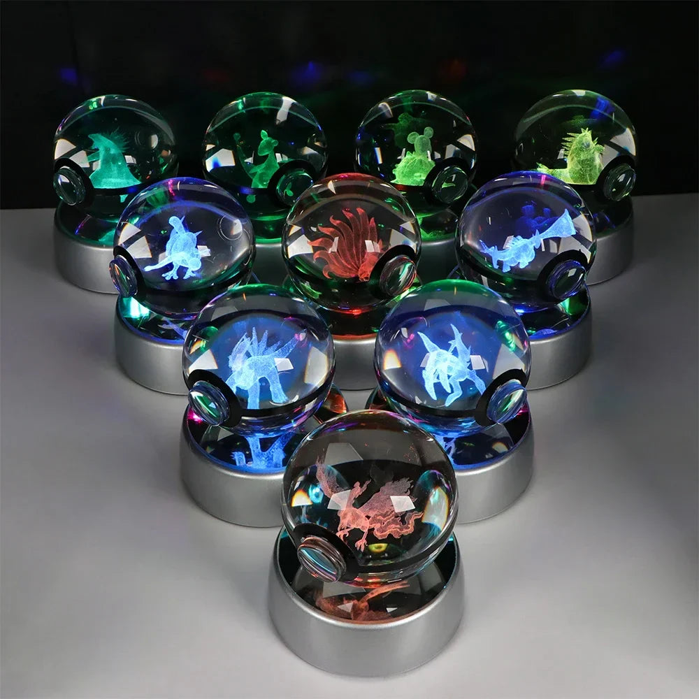 Pokémon 3D Crystal Ball LED Night Light – Pikachu Gengar Eevee Mewtwo Pokéball Base Lamp Kids Birthday & Home Decor Gift