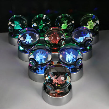 Pokémon 3D Crystal Ball LED Night Light – Pikachu Gengar Eevee Mewtwo Pokéball Base Lamp Kids Birthday & Home Decor Gift