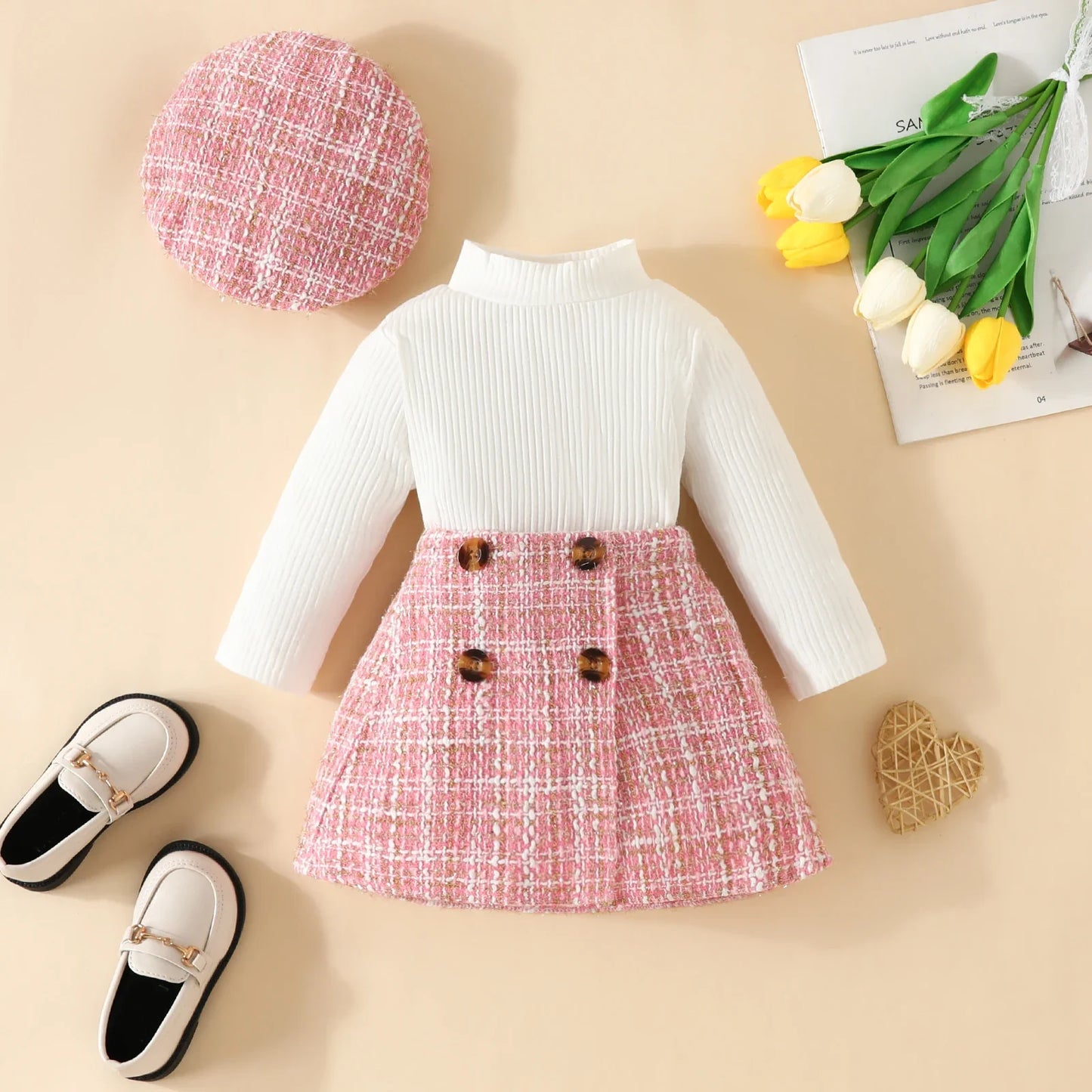 ma&baby Toddler Girls Clothes Set – Knit Long Sleeve Top, Plaid Skirt & Hat, 6M-3Y Fall & Spring Outfit