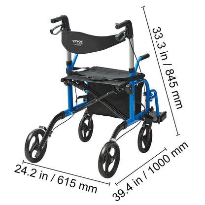 VEVOR 2-in-1 Rollator Walker & Transport Chair – Folding Aluminum Mobility Walker and Wheelchair Combo for Seniors