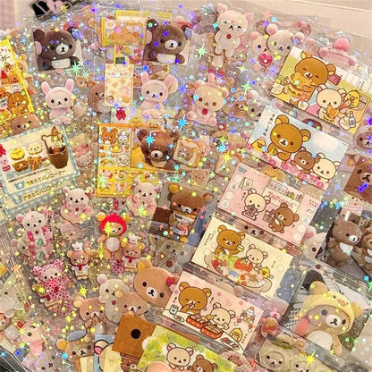 5pcs Hello Kitty Rilakkuma Cartoon Die-Cut Stickers, Cute Kitty Cat Flashing Laser Stickers, Anime Handbooks Material Stickers