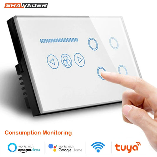 Tuya WiFi Smart Light Switch – 4 Gang Touch Panel, Fan Speed Dimmer, Power Metering, Alexa & Google Home Compatible