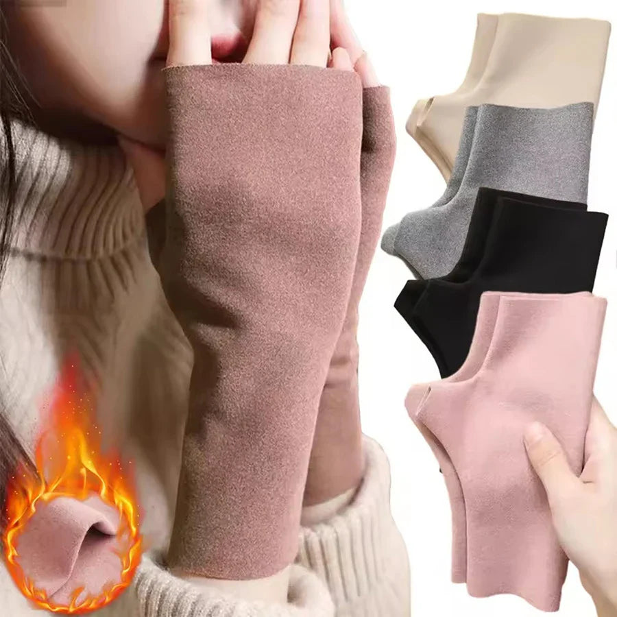 Women’s Winter Velvet Half Finger Gloves – Warm German Plush Open Finger Tele Finger Gloves for Autumn & Winter (1/2 Pairs)
