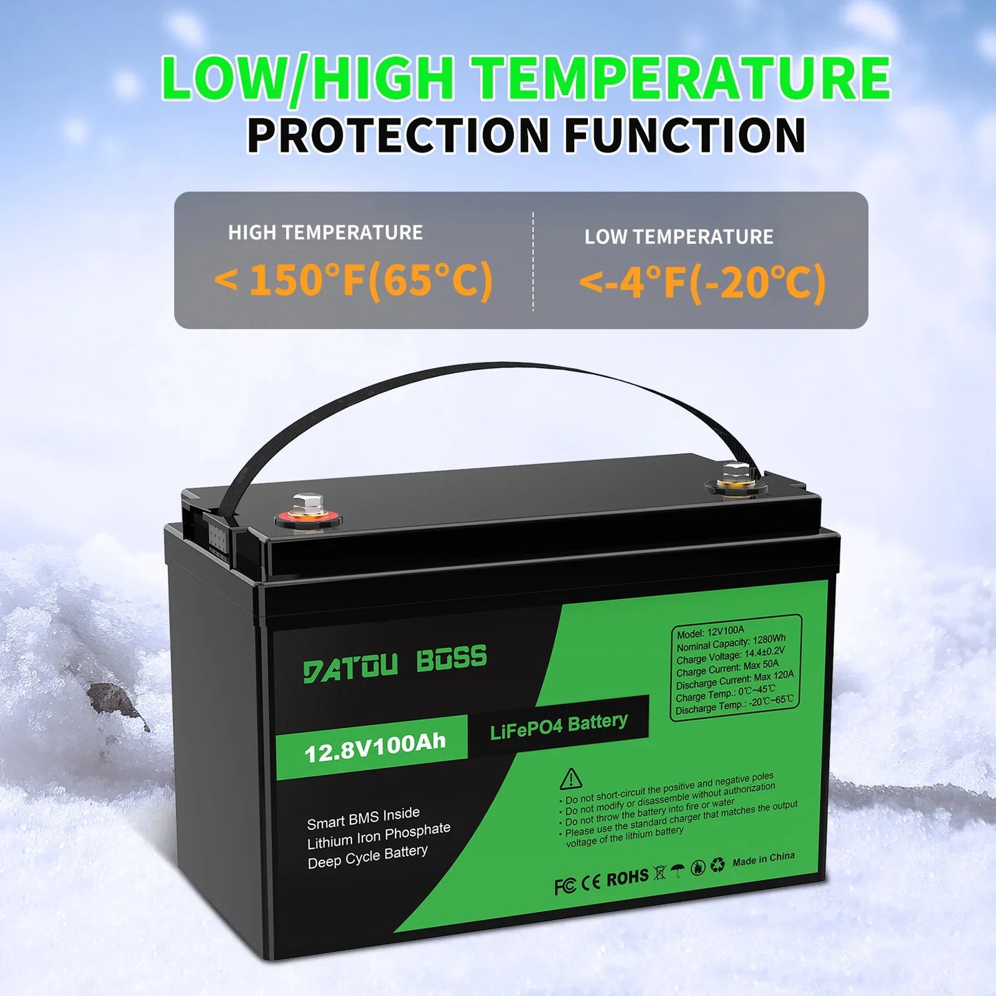 DATOUBOSS 12V 100Ah LiFePO4 Battery — 1280Wh Lithium Battery with 100A BMS, 8000-15000 Deep Cycles, Series/Parallel Support