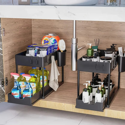 2-Tier Under Sink Sliding Cabinet Organizer — Basket Storage Rack with Hooks for Bathroom & Kitchen