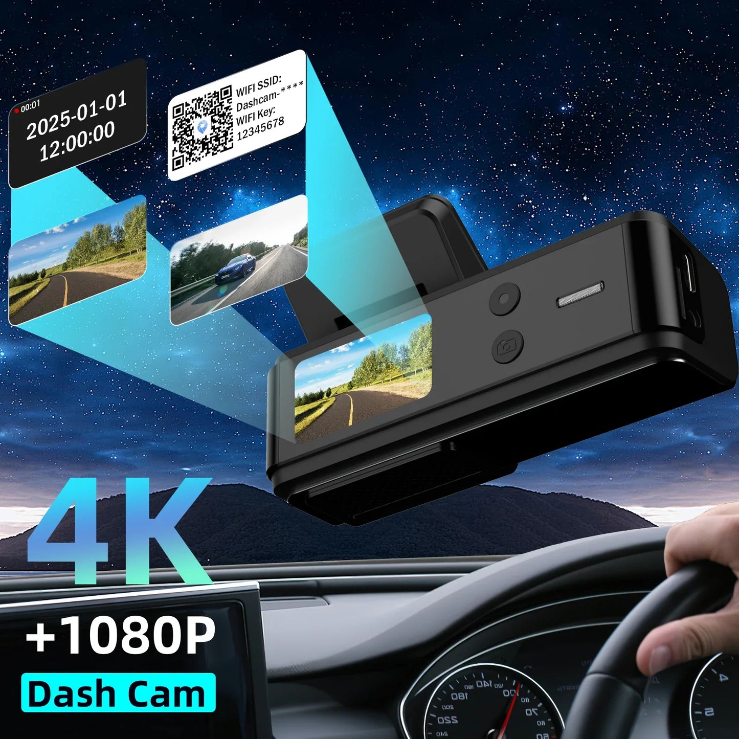 Aprilboy 4K WiFi Dash Cam 2160P – Dual Lens Front & Rear Car DVR, Night Vision, G-Sensor, 24H Parking Monitor