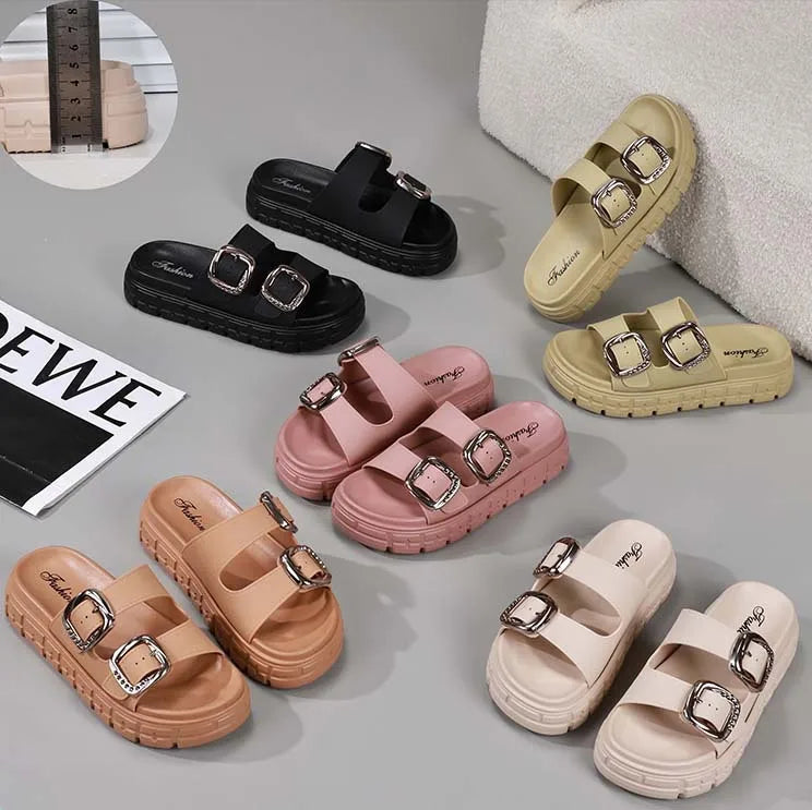 Women’s Thick Sole Sandals – Adjustable Strap Flat Flip Flop Open-Toe Beach Slides for Summer Outdoors