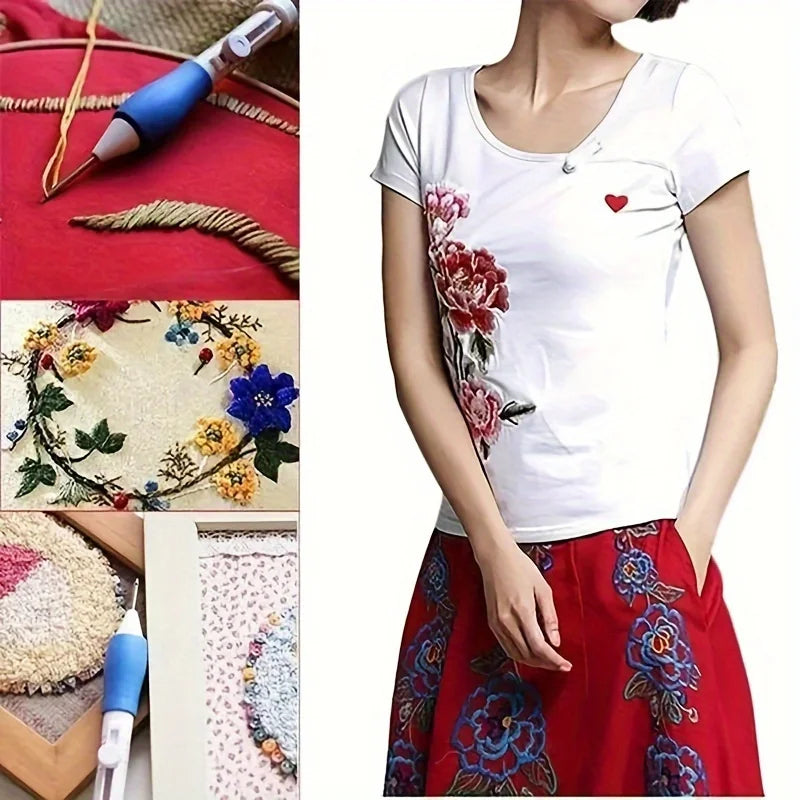 Adjustable Magic Embroidery Pen Set – 3 Needles, Threader & Scissors, Ergonomic Punch Needle Tool for DIY Sewing Crafts