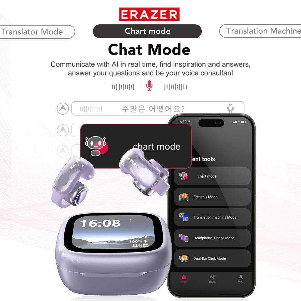 ERAZER XF28 Bluetooth V6.0 Translator Earbuds — True Wireless Open-Ear Earphones for Travel, Office & ASMR with Translation App