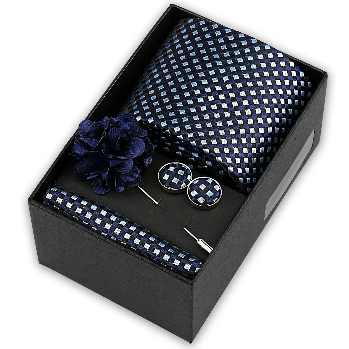 Men’s 4-Piece Tie Set Gift Box - Elegant Necktie with Handkerchief, Cufflinks & Brooch for Business, Wedding & Suit Accessories