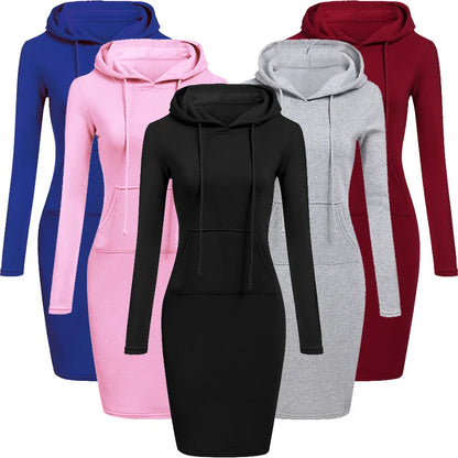 Autumn Ladies Hooded Dress - Women's Sweatshirt Hoodie Dress Tops for Casual Wear