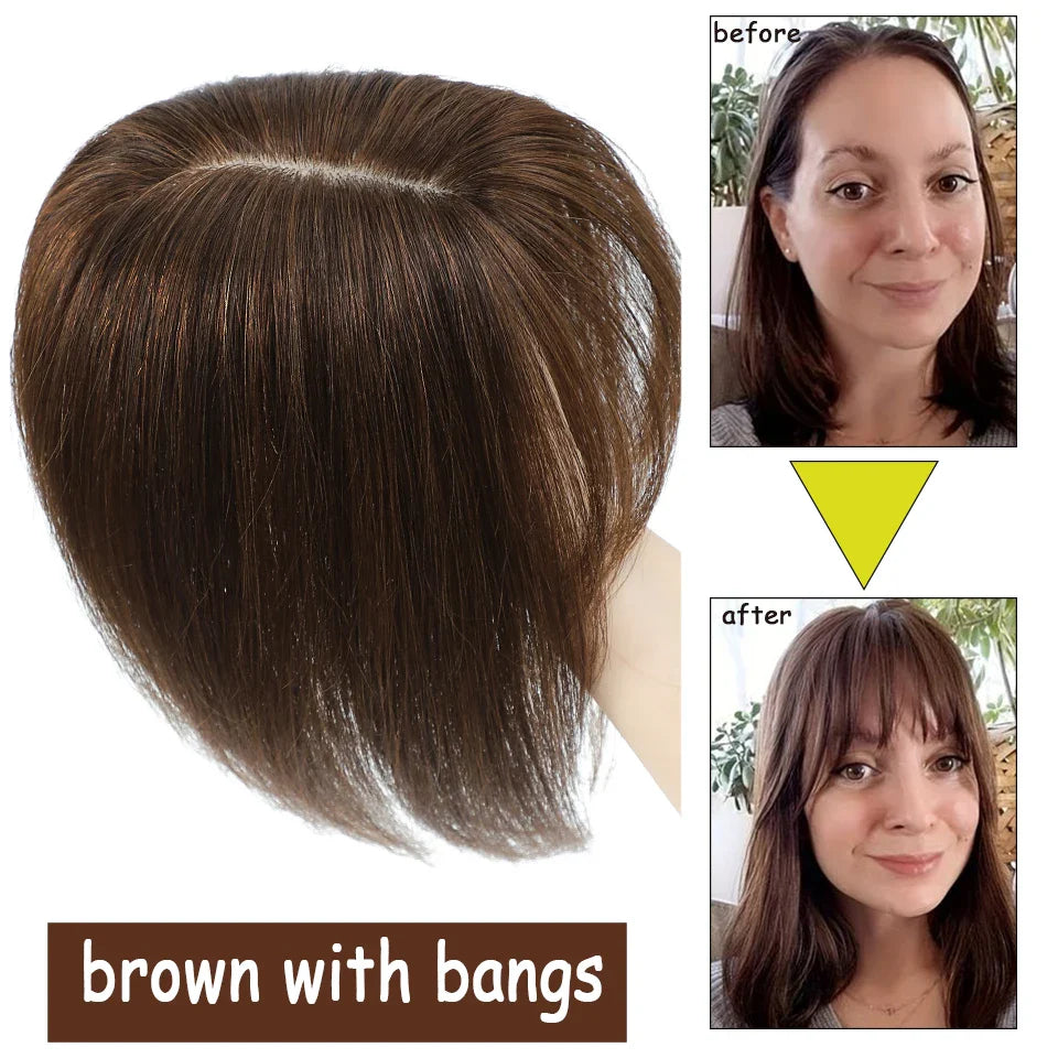 Dazzeal Human Hair Topper – 100% Real Straight Hair, Lace Base, Clip-In with Bangs, 10x12cm, 360° Coverage