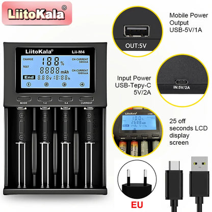 LiitoKala Lii-M4/Lii-M4S Battery Charger – 5V Plug (EU/AU/UK/US) for 3.7V Li-Ion & 1.2V AA/AAA/C Batteries (18650, 26650, 21700, 14500, 18350, 17500)