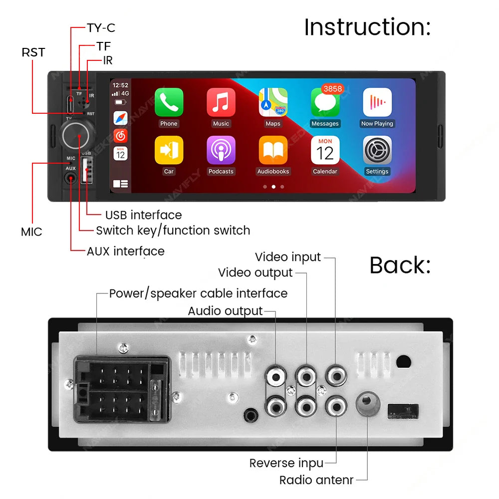1DIN Universal 6.86" MP5 Car Radio – Wireless CarPlay Android Auto Multimedia Video Player with AUX, USB, SWC, Bluetooth & Touchscreen