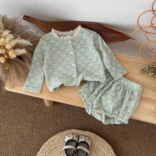 Summer European Style Baby Onesie Set – Floral Embroidery Long Sleeve Top & Shorts, Breathable 2-Piece Outfit