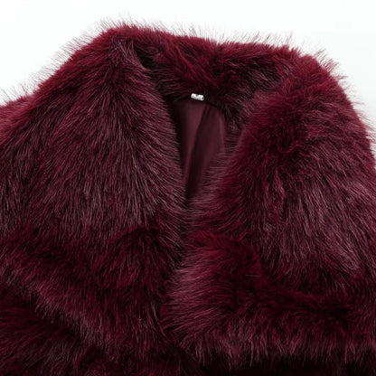 HXAO Women's Fur Coat – 2024 Plush Burgundy Bomber Jacket, Solid Crop Long Sleeve Warm Winter Casual Coat
