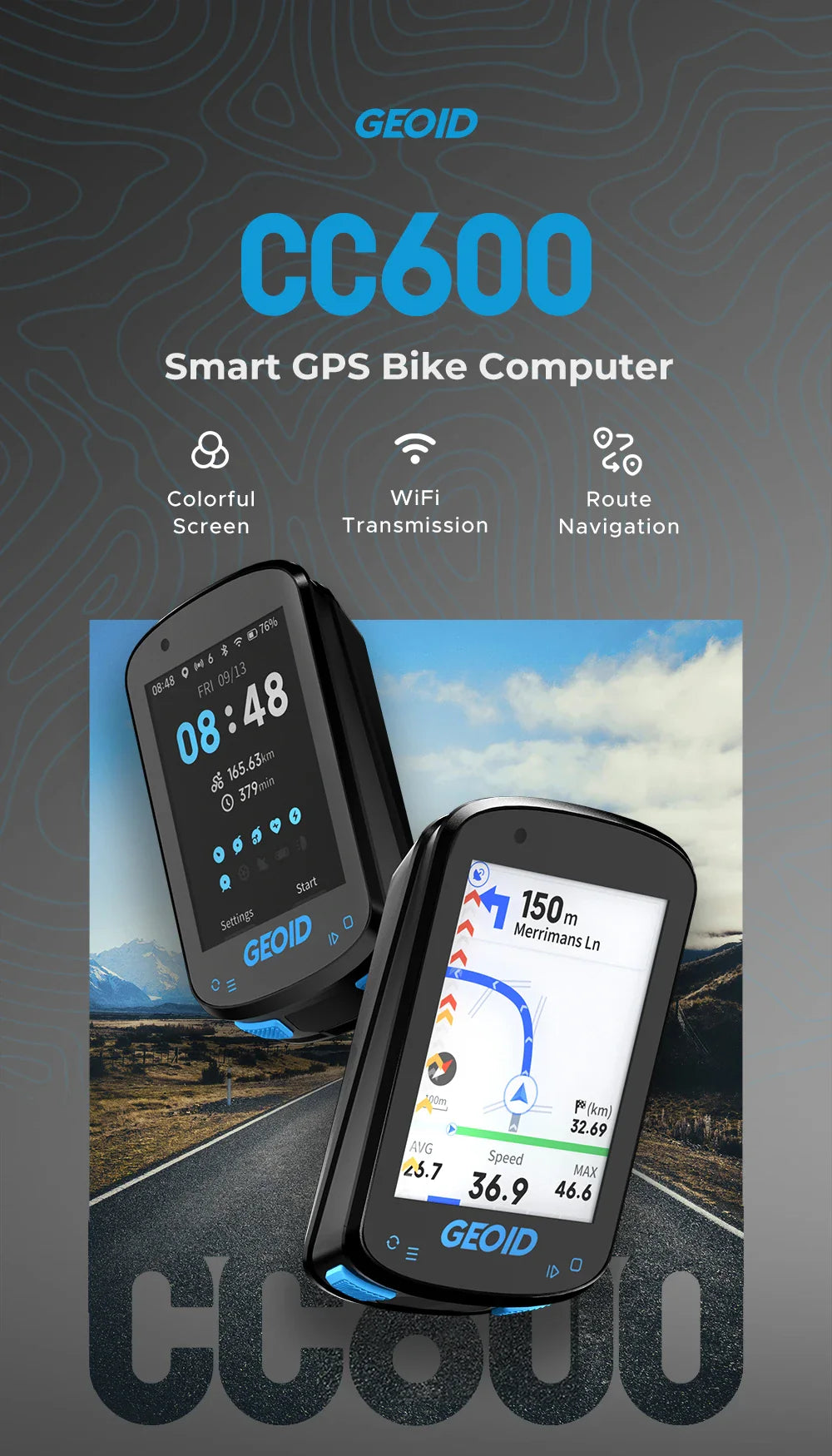 GEOID CC600 Bike Computer – Color Screen Smart GPS Speedometer with Wireless ANT+, WIFI, 11 Languages & Cycling Odometer