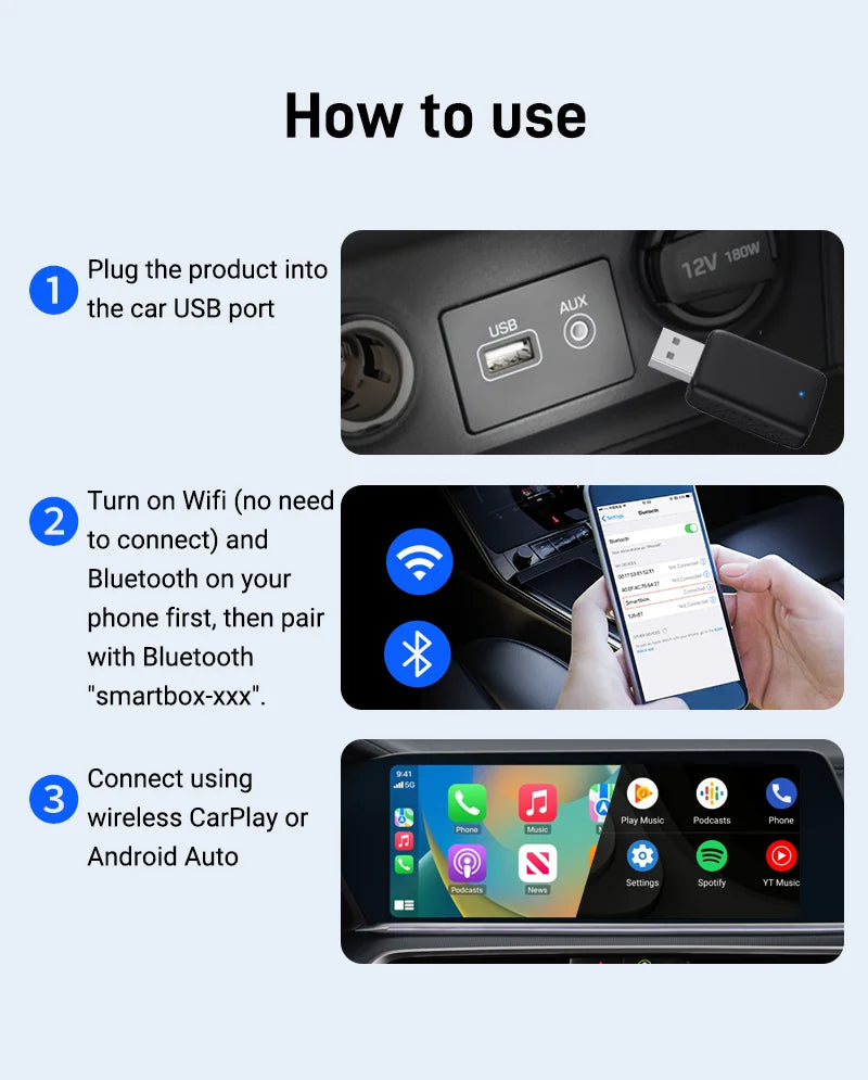 XUDA 2-in-1 Wireless CarPlay & Android Auto Adapter – Smart Plug & Play Dongle for Volvo, Benz, Cadillac, Jeep, Lexus, Buick, VW