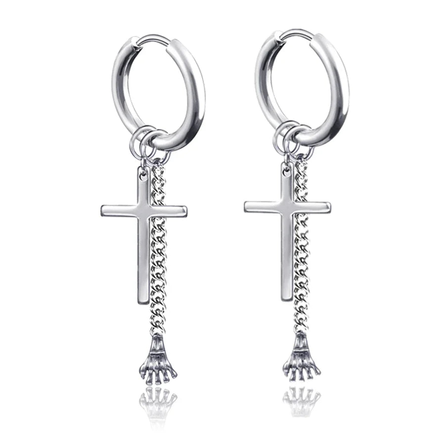 Long Hanging Cross & Leaf Hoop Earrings – Vintage Stainless Steel Hip Hop Unisex Jewelry Accessories