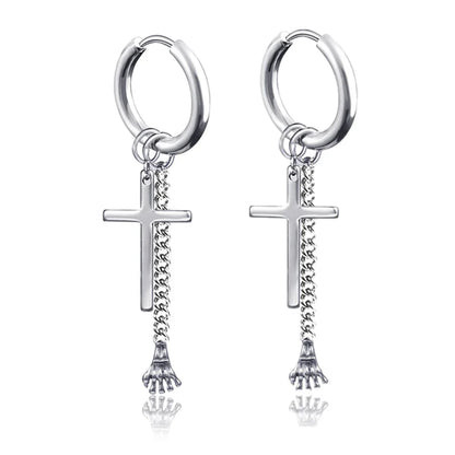 Long Hanging Cross & Leaf Hoop Earrings – Vintage Stainless Steel Hip Hop Unisex Jewelry Accessories