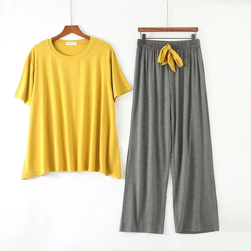 Women's Summer Modal Pajamas Set – Lightweight Short Sleeve Top and Loose Trousers Two-Piece Homewear