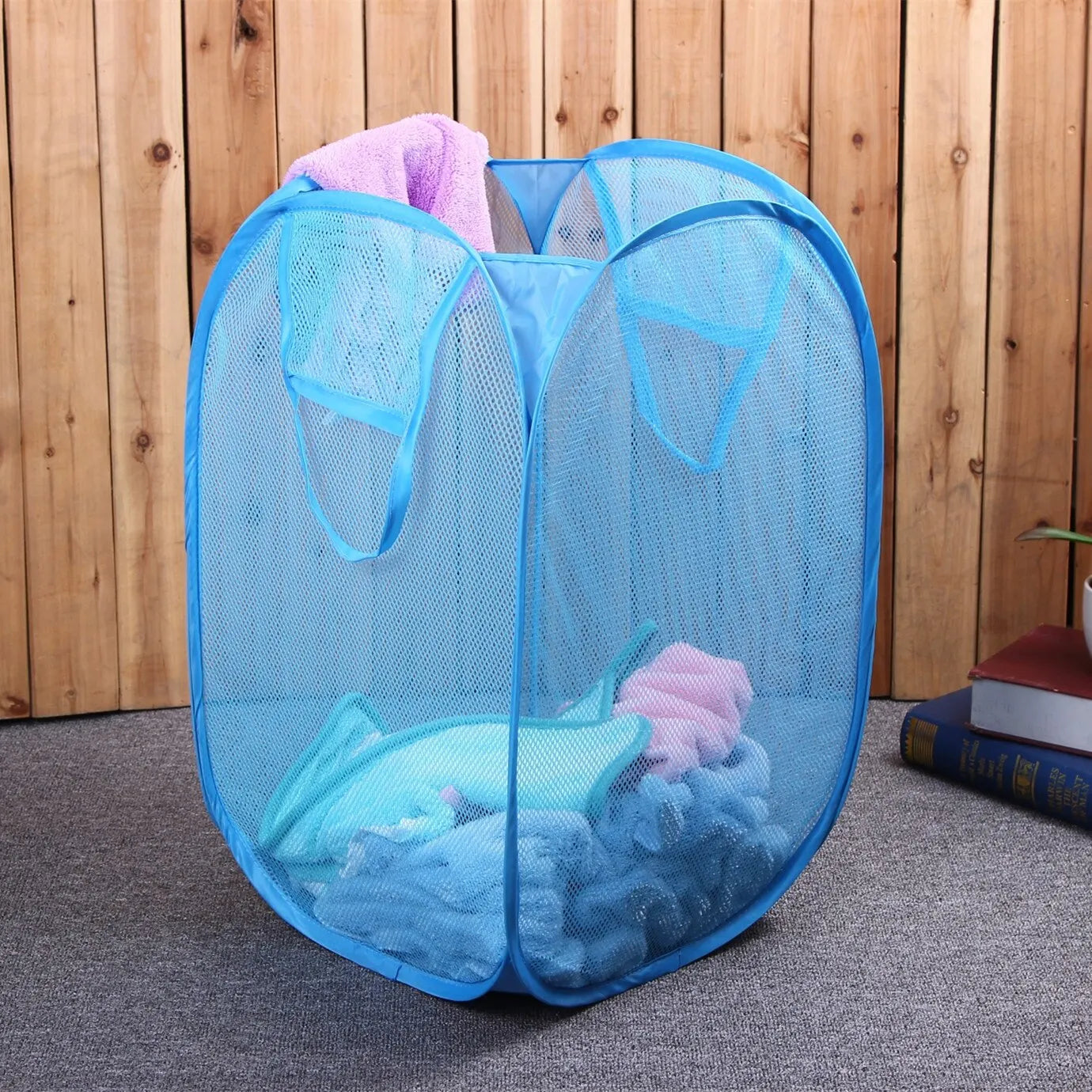 Blue Mesh Pop-Up Square Laundry Basket - Collapsible Toy Organizer Bag for Dorm - Dirty Clothes Storage Solution