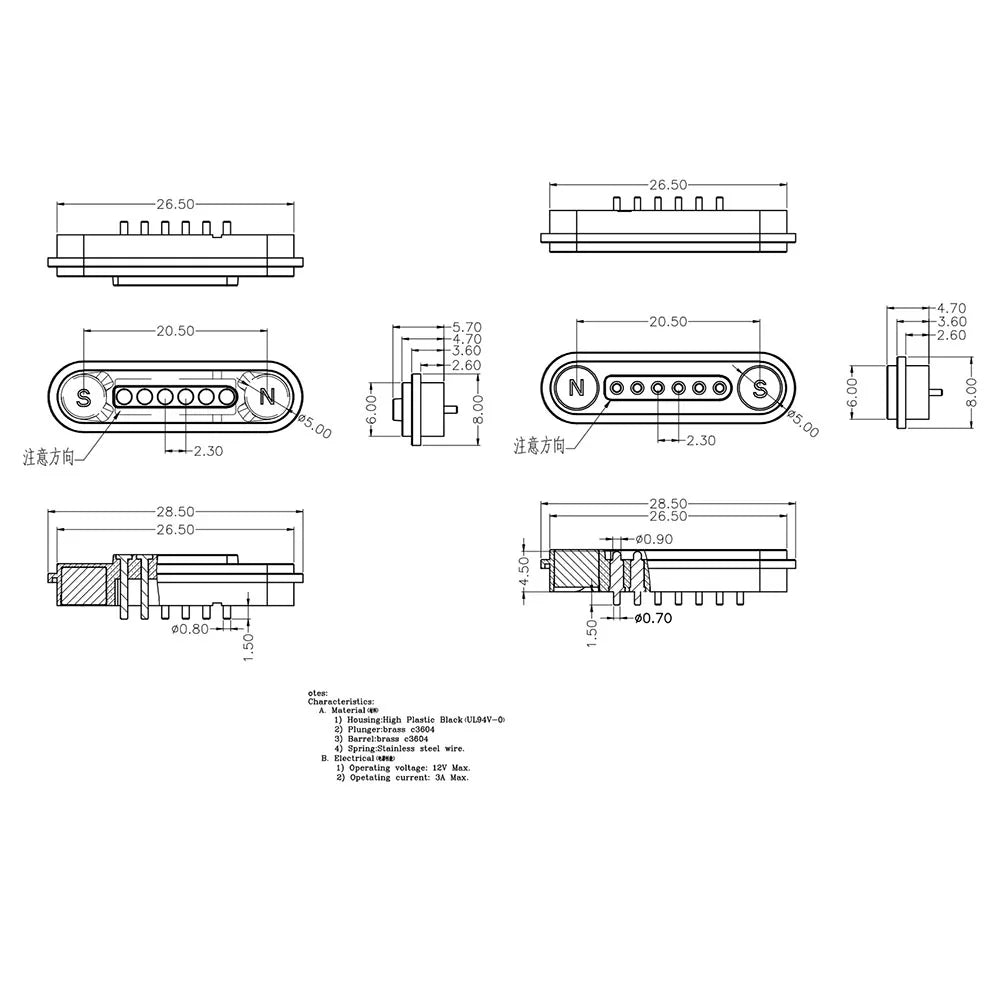 DC 12V 3A Waterproof Magnetic Pogo Pin Connector - 2-6 Pin Spring Loaded Male Female DC Power Socket