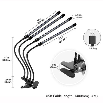 1/2/3/4 Head LED Plant Grow Light — Clip-On Full Spectrum Lamp with USB, Dimmable, Timer & 3-Color Switching for Indoor Plants