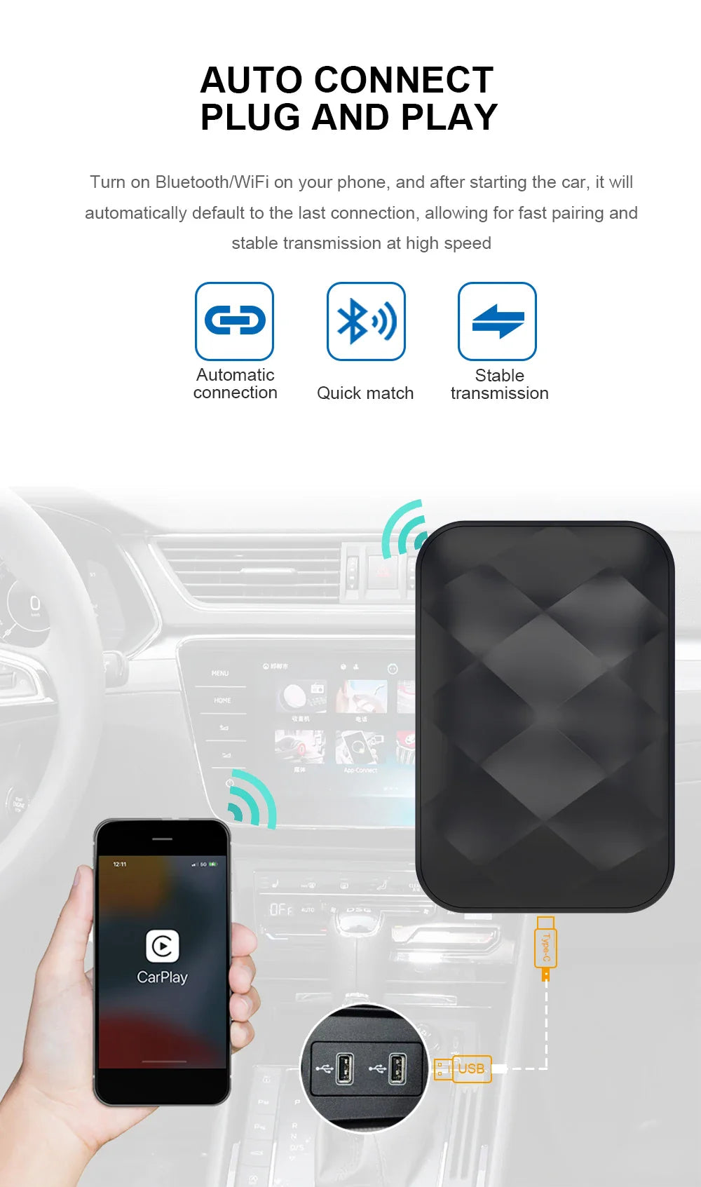 Acodo 2025 3-in-1 CarPlay AI Box — Wireless Android Auto & USB Adapter for YouTube, Netflix, Universal TV, Plug & Play