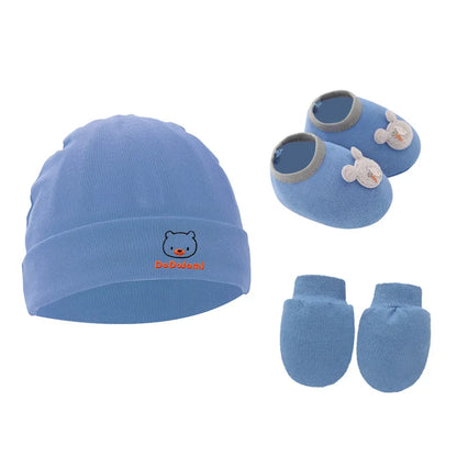 3pcs Cotton Baby Set – Newborn Beanie, Bonnet, Gloves & Socks, Cute Cartoon Caps for Boys & Girls Gift