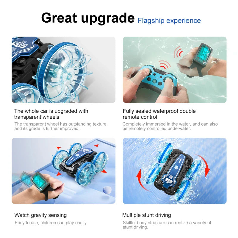 New LED Amphibious RC Car – Dual Remote Control, Waterproof Stunt Car with 360° Rotation, Double-Side Flip, Drift Drive, Kids Toy