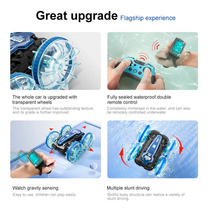 New LED Amphibious RC Car – Dual Remote Control, Waterproof Stunt Car with 360° Rotation, Double-Side Flip, Drift Drive, Kids Toy