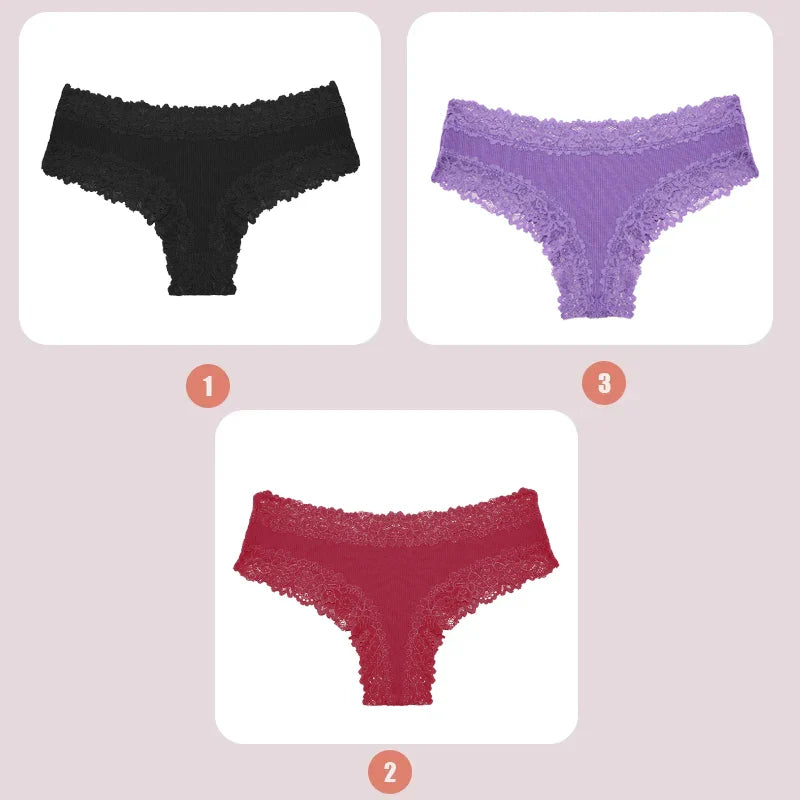 3PCS Lace Seamless Cotton Panties - Ribbed Brazilian Low Waist, Breathable Women’s Underwear, Plus Size Lingerie