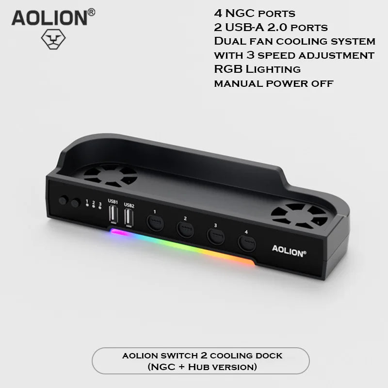 Aolion Switch 2 RGB Cooling Dock – Portable Hub Expansion Base with Wall Mount & NGC Support