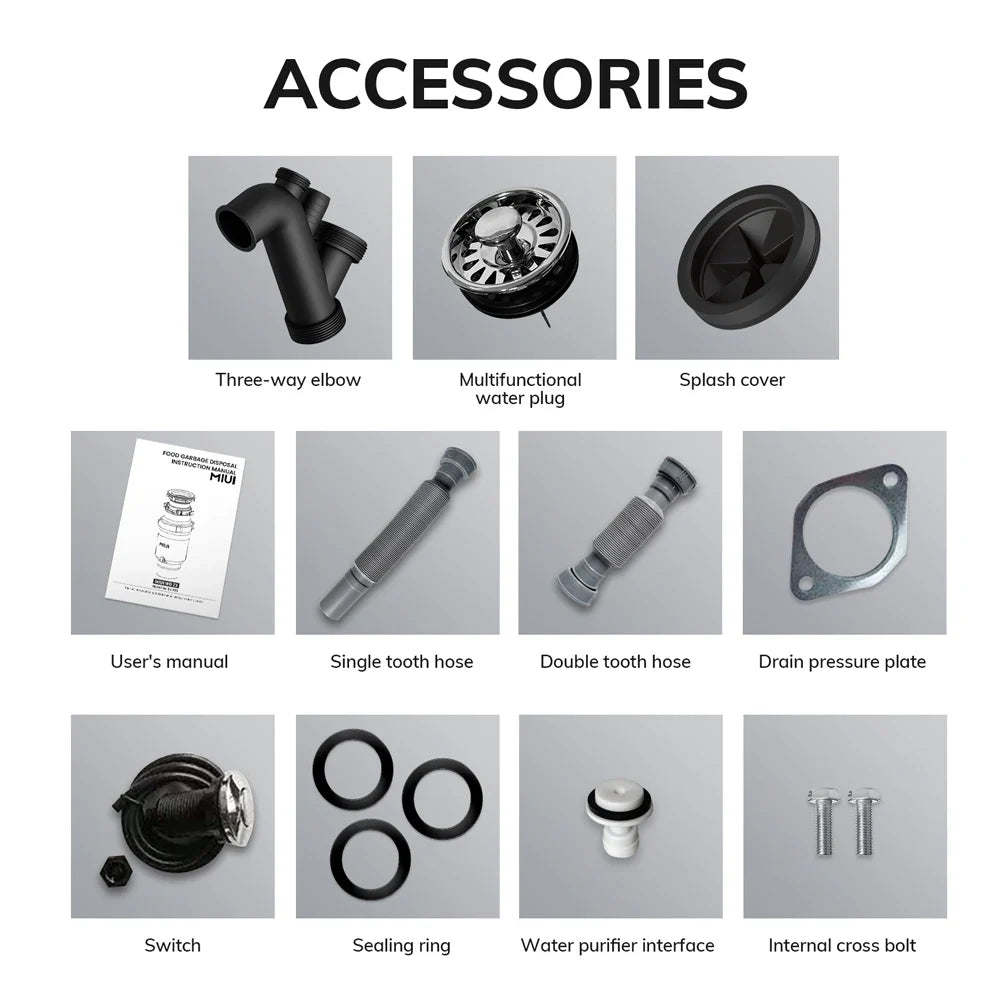 MIUI Continuous Feed Garbage Disposal | 1/2 HP Food Waste Disposer with Stainless Steel Grinding System | Sound Reduction