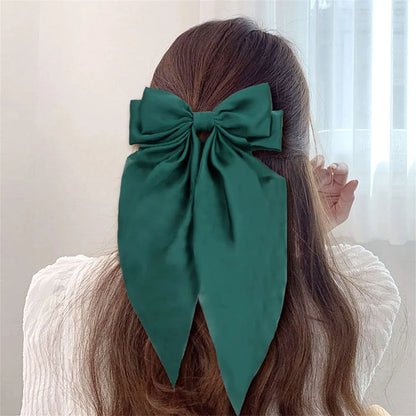 8 Ladies Satin Ribbon Bow Hair Clips – Oversized White, Pink, Red, Blue, Black Long Tail, Spring Clip for Ponytail Hair Accessories