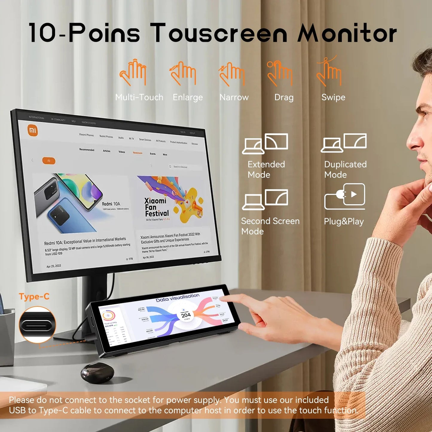 8.8-Inch Chassis Secondary LCD Touch Screen - 1920×480 Long Display with Built-In Stand & AIDA64 Support