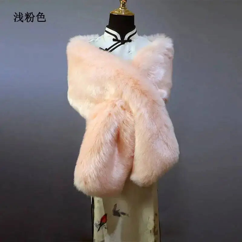32-Color Luxury Faux Fox Fur Shawl – Women’s Plush Winter Scarf, Wrap & Cape for Wedding & Coat