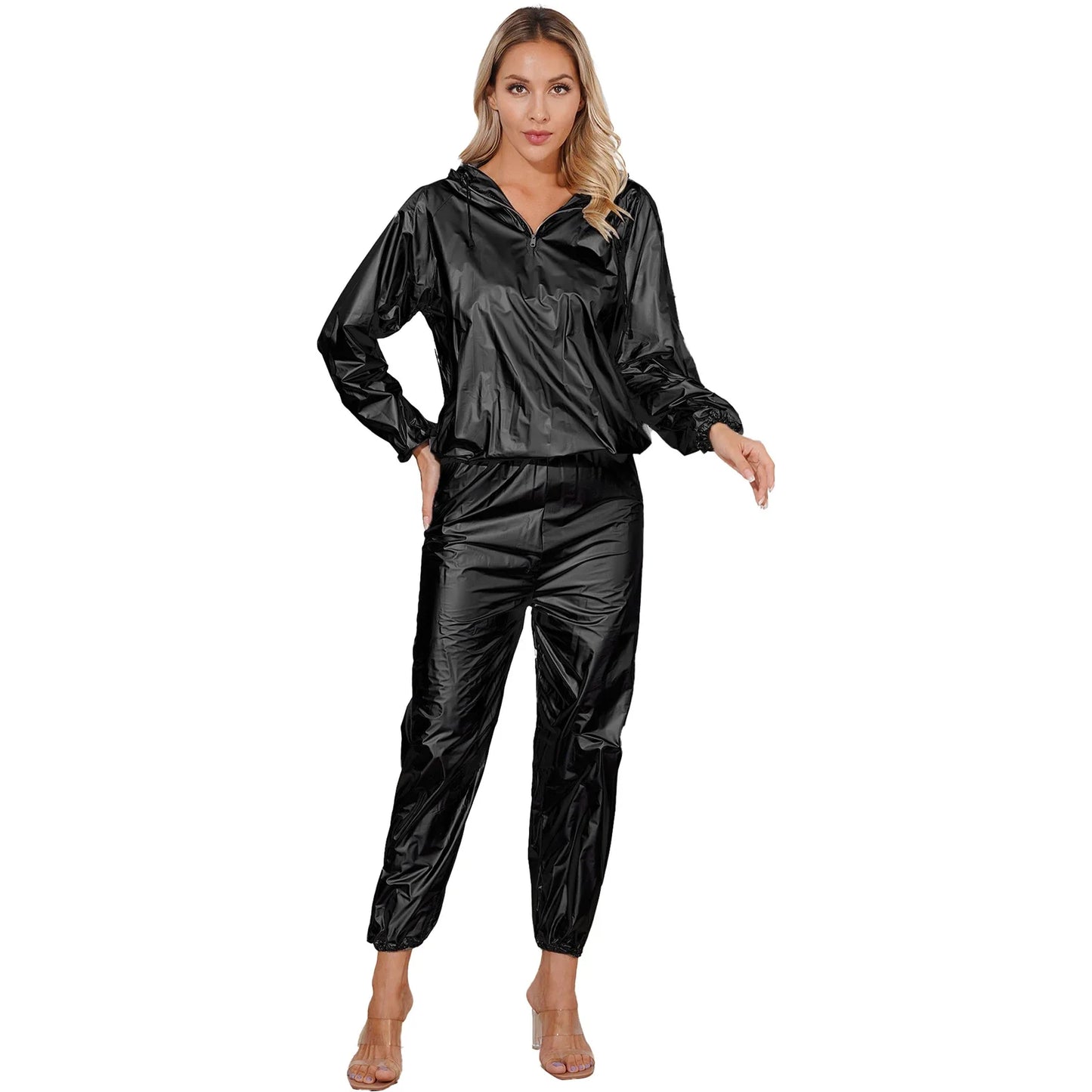Unisex PVC Sauna Suit — Long Sleeve Top & Elastic Waistband Pants for Men & Women, Slimming Fitness Workout Outfit