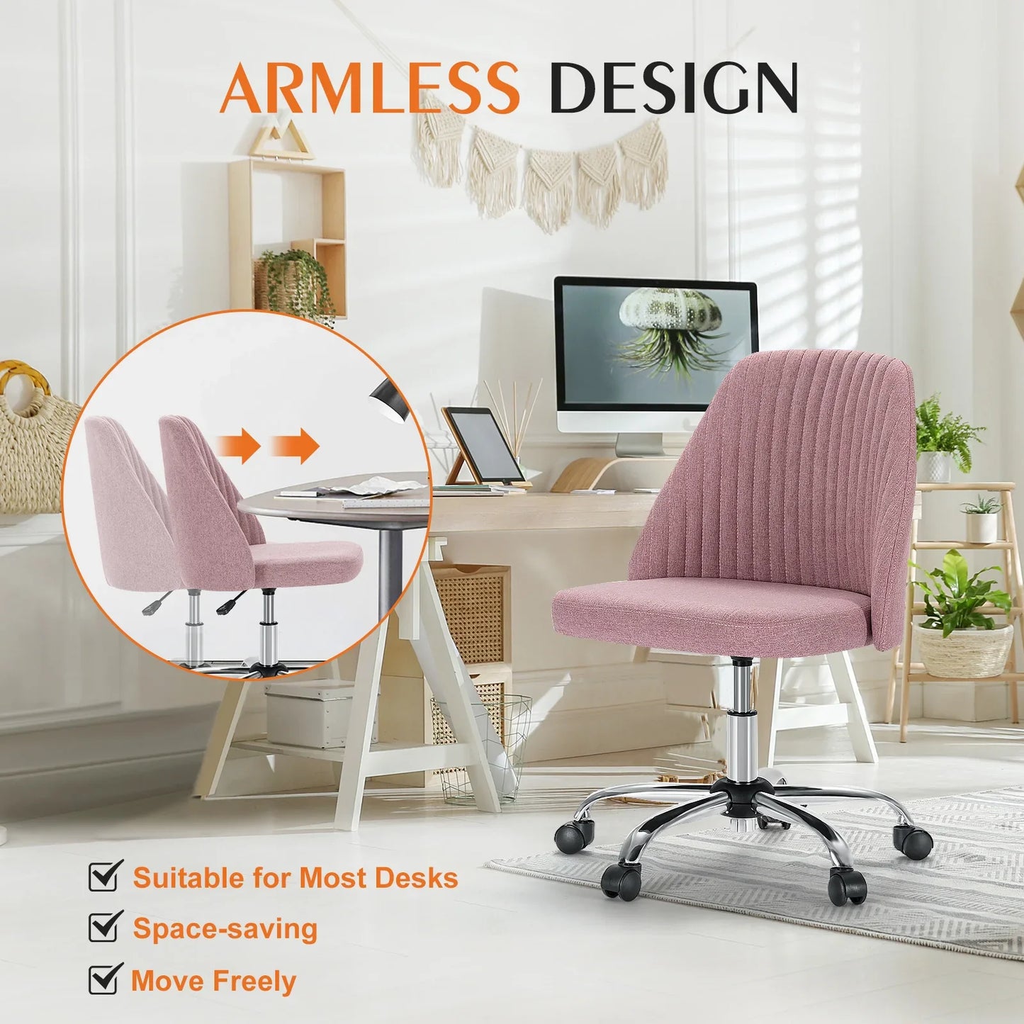 Armless Small Desk Chair – Cute Vanity Swivel Chair with Back, Fabric Upholstery & Wheels for Home & Gaming